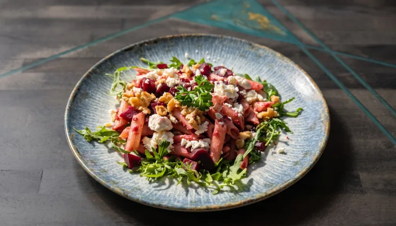 Pink Pasta — Penne, hausgemachtes Rote-Bete-Pesto, Rucola, Feta und Walnüsse bei Kaspio in Stade